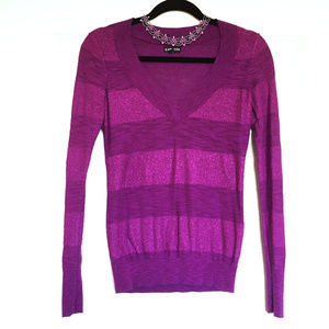 Sparkly Magenta Express Striped V Neck Sweater